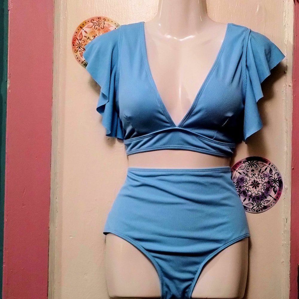 High-Waist Flutter Sleeve Bikini Set - Light Blue. NWT